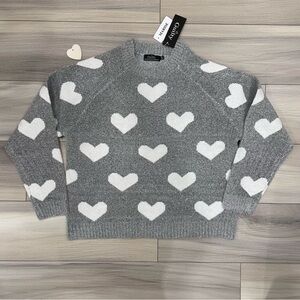 NWT GUILTY Soft Raglan Sleeve Grey Pullover Sweater with White Hearts Size M